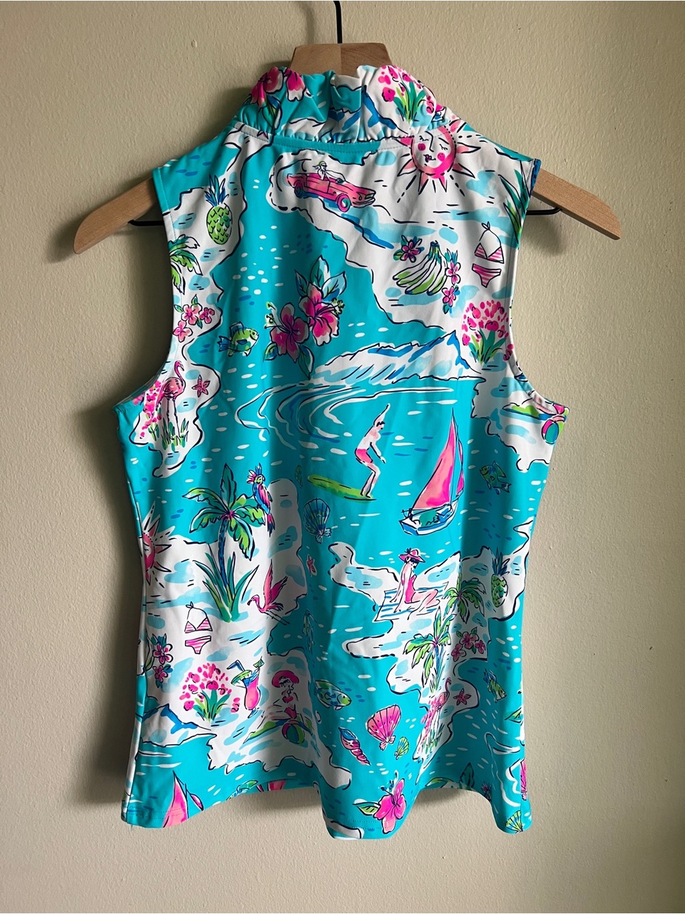 Aryeh Turquoise & Pink Tropical Print Ruffled Sleeveless Top UPF50+ Size S - Picture 4 of 13